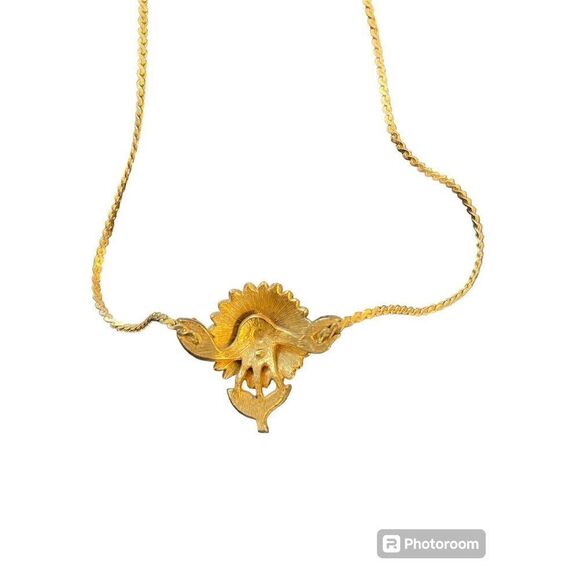 Vintage Crown Trifari Flower Pendant Choker Necklace Gold Tone Retro - Picture 4 of 8